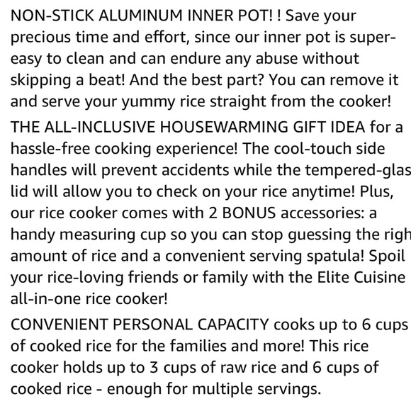 Elite Gourmet ERC003 Electric Rice Cooker with Automatic Keep Warm Makes Soups, - Picture 6 of 15